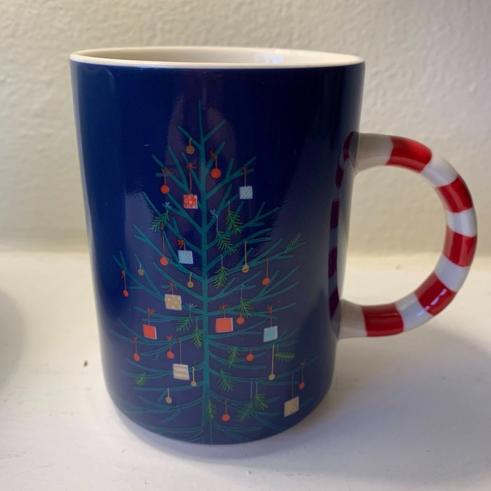Starbucks Christmas Theme Blue Mug Candy Cane Handle 2018 Tree w/Ornaments 12oz